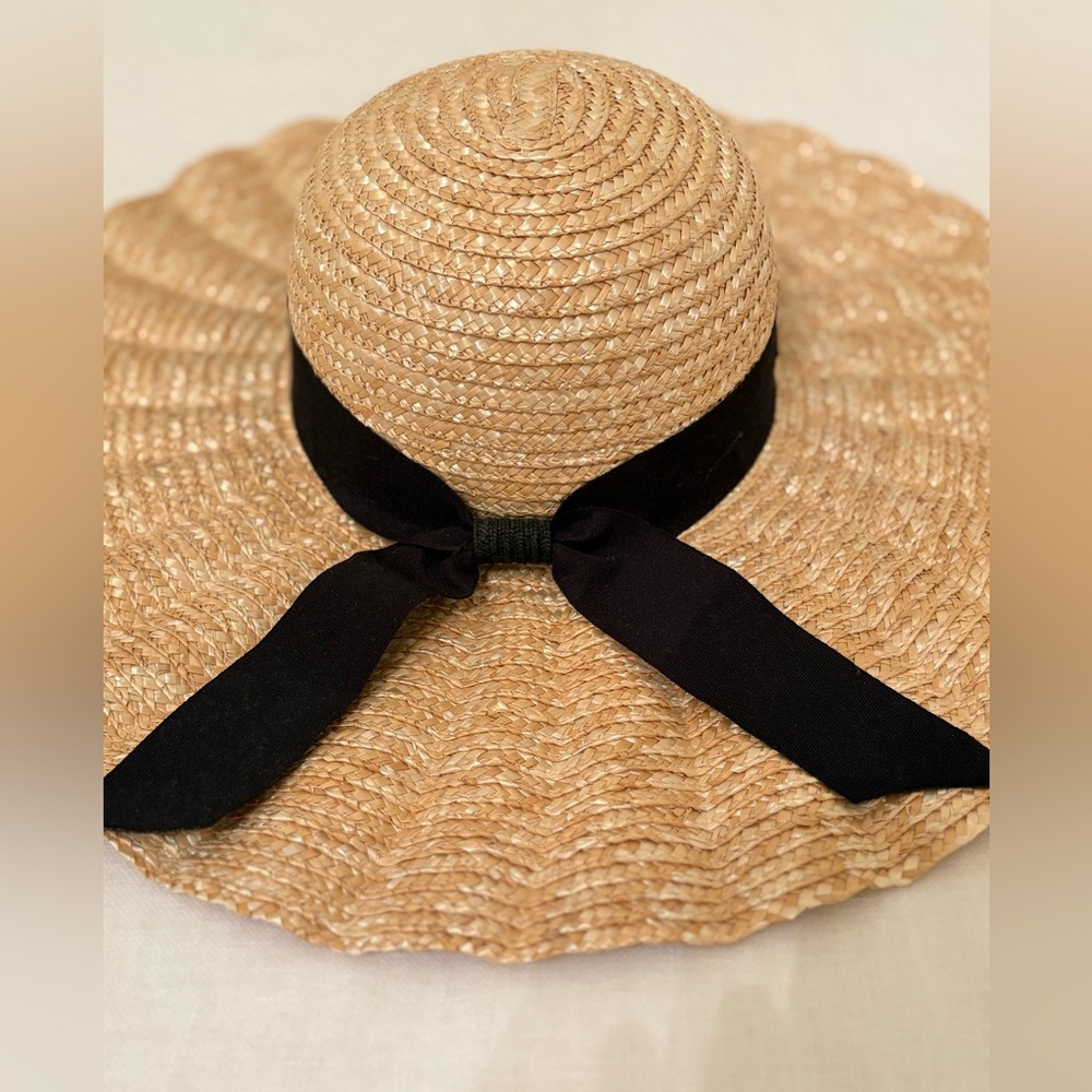 Straw Sun Hat with Black Ribbon Trim Wide Brim Straw Beach Hat